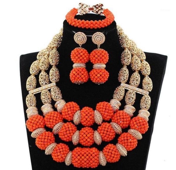 

earrings necklace orange coral beads pendant african wedding jewelry set dubai gold nigeria bride handmade ncl13288695998015778, Silver