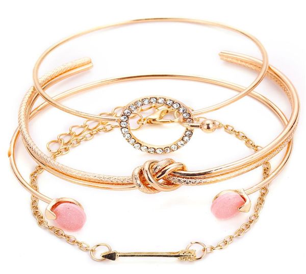 

4 pcs set classic arrow knot bracelets round crystal gem multilayer adjustable open bracelet set for women fashion party jewelry 8854321, Golden;silver