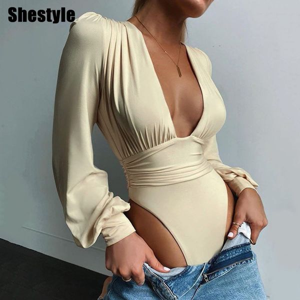 

women's jumpsuits rompers shestyle deep v neck lantern sleeve elegant tight high waist ruched solid arrivals fashion button thong bodys, Black;white