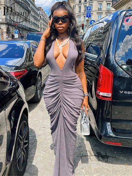 

urban dresses inwoman summer bodycon maxi dresses for women 2022 backless halter pleated ruched dress gray long wrap maxi dress female l2307, White;black