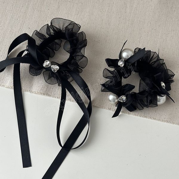 

woman heart rhinestone pearl elastic hair band black gauze hair ties rubber band scrunchies hair ring rope girls hair accessorie, Slivery;white