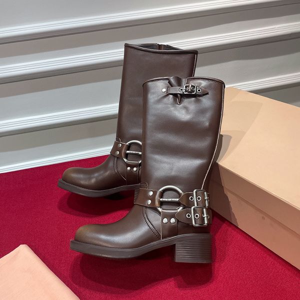 

2023 new belt buckle cowhide retro motorcycle boots thick heel zipper knight boots fashion square toe ankle boots womens luxury s designer s, Black