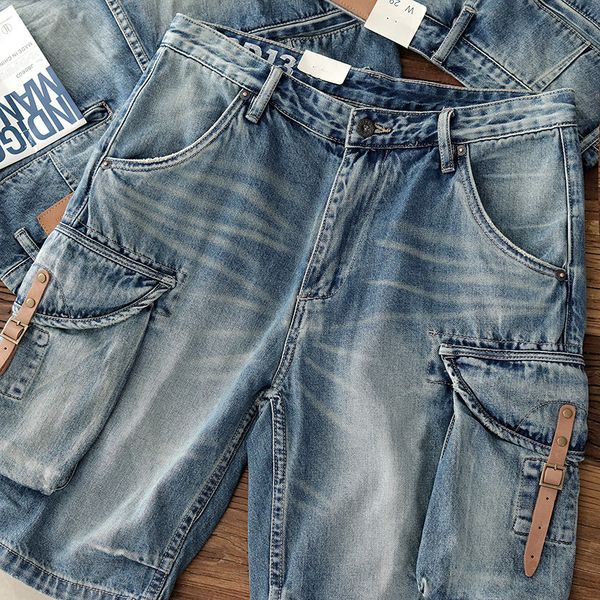 

men's jeans h559 summer american retro denim cargo shorts fashion pure cotton washed old loose casual multi pocket 5point pants 230710, Blue