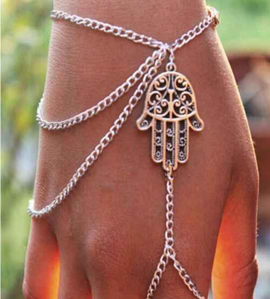 

new steet style bracelets asymmetric women hamsa fatima bracelet finger ring slave chain hand harness fashion jewellery chains cha1569567, Black
