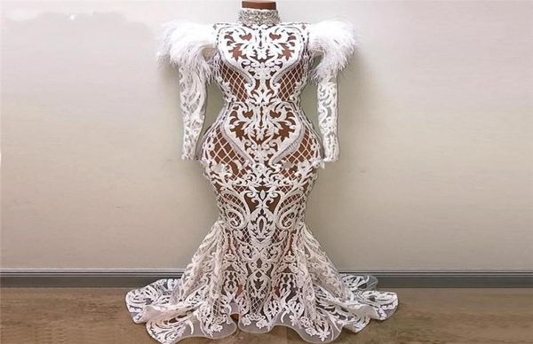 

see through mermaid evening dresses with long sleeves lace appliques feathers dubai african prom dress long sleeves high neck part9660608, Black;red