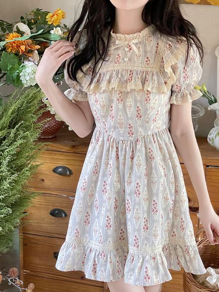 

basic casual dresses floral print french vintage dres bow lace retro sweet mini dress female holiday ruffles japanese kawaii 2023 summer 230, Black;gray