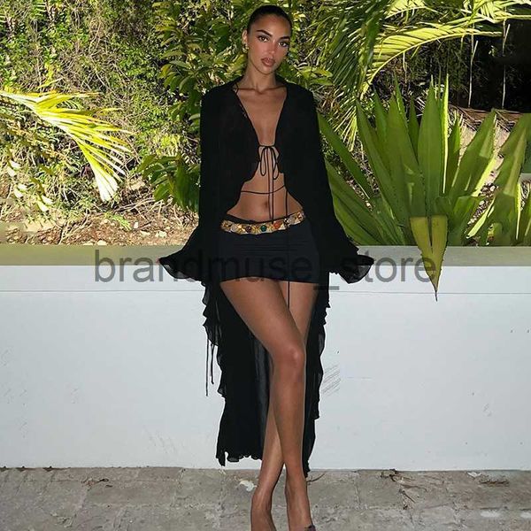 

basic casual dresses summer black sheer mesh beach dress women elegant lace-up cardigan slim maxi dress long sleeve holidays party dresses 2, Black;gray