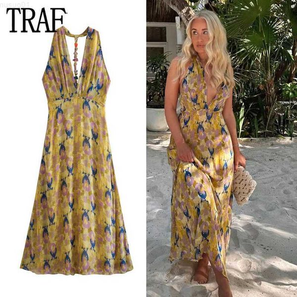 

urban dresses traf print halter dress woman pleated long dresses for women backless midi dress women strap beach summer womens dresses l2307, White;black