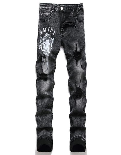 

fashion printed letter men039s jeans ripped patch denim pants men embroidered skinny jeans male casual streetwear trousers5688598, Blue