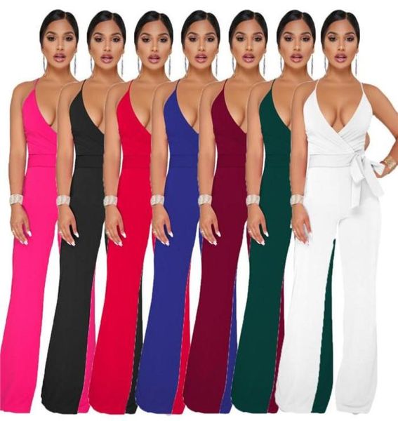 

solid color spaghetti strap jumpsuits womens designer v neck slim wide legging pants rompers bakless women clothing6295280, Black;white