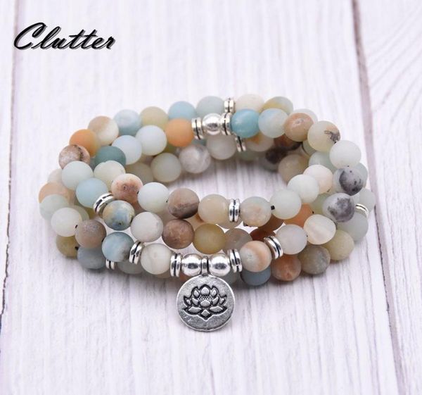 

fashion womens matte amazonite 108 mala beads bracelet or necklace lotus charm design yogi beaded strands8554873, Black