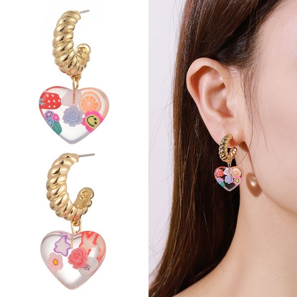 

fruits tropical fruit amber exaggerated c-ring earrings female hoop colorful soft pottery flower heart earrings, Golden;silver