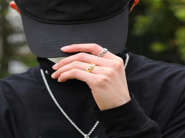 

6mm 8mm 10mm wide men women couple cuban link chain rings high polished bling bling finger jewelry lovers hip hop ring size 710235090133, Golden;silver