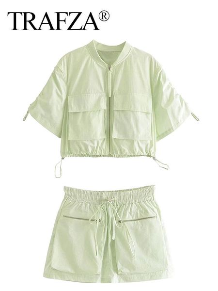 

parkas trafza women's light green zipper short sleeve shirt coats + skirts set drawstring style women's multiple pocket suit commu, Black