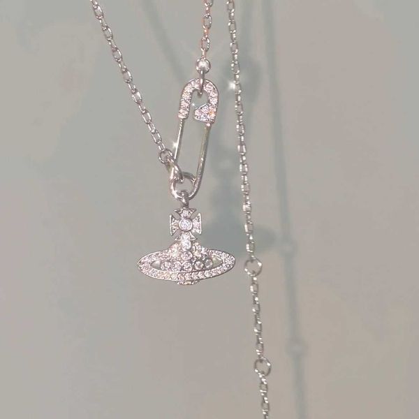 

empress dowager vivian full diamond pin saturn hollow out giant flash high version small fragrance necklace neck chain, Silver