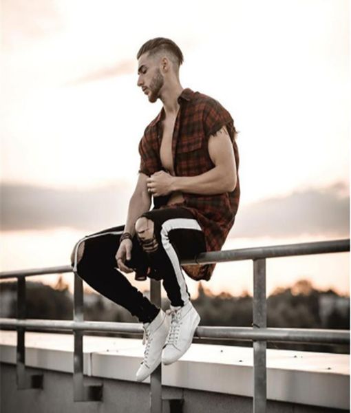 

mens side stripe skinny fit black denim jeans hip hop streetwear slim fit lightweight cotton jeans for men3515649, Blue