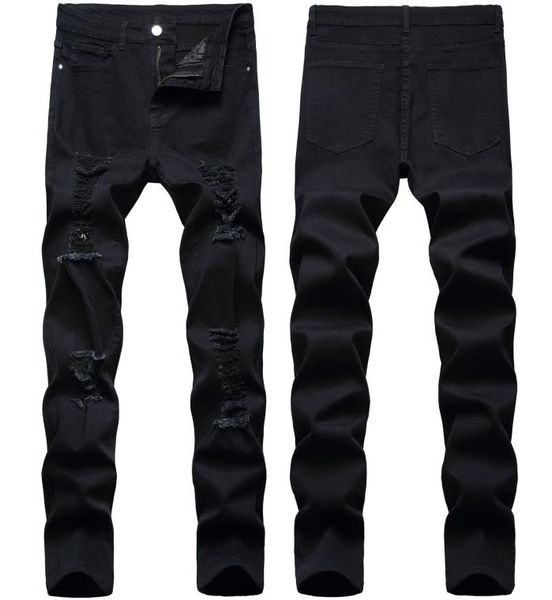 

mens jeans retro black pants stretch hole ripped slim fit fashion casual denim trousers5432781, Blue