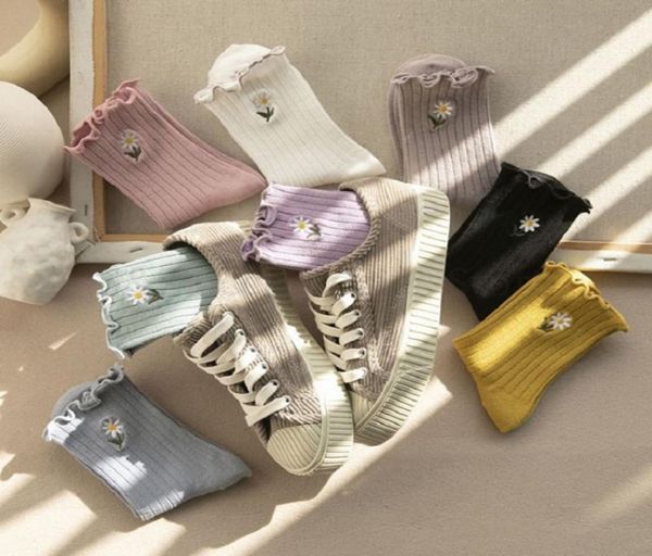 

women girl daisy floral embroidery ankle socks candy color ruffles cuffs ribbed vertical striped casual mid tube hosiery9871799, Black;white