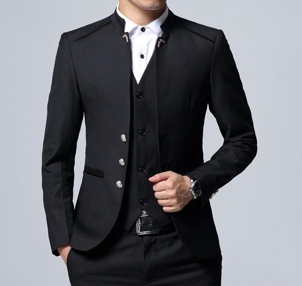 

black groom tuxedos mandarin lapel mens wedding tuxedos fashion man jacket blazer 3 piece suitjacketpantsvesttie 4654862146, Black;gray