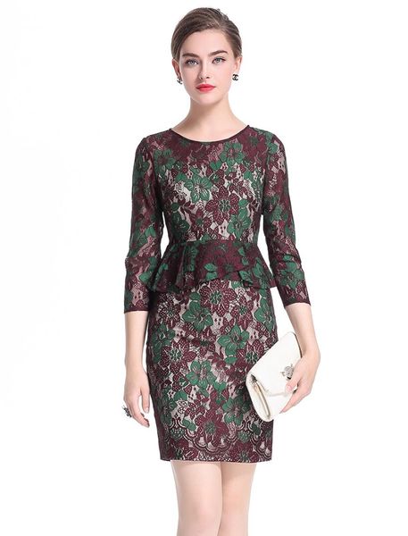 

lace embroidery women sheath dress round neck 34 sleeve ruffles peplum party dresses 09171496090237, White;black