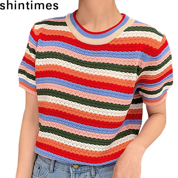 

women's t-shirt summer rainbow striped knitted t shirt women hollow out t shirts korean fashion short sleeve tee shirt poleras mujer 2, White