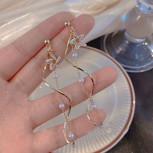 

stud temperament crystal star tassel drop earrings for women long ear line bowknot leaves girls wedding party jewelry 230710, Golden;silver