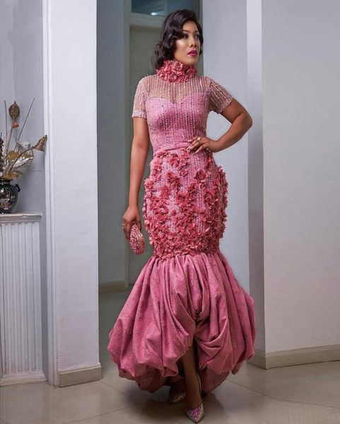 

stunning water melon mermaid prom dresses 3d floral appliqued beaded evening gowns high neck plus size formal party dress1989053, Black