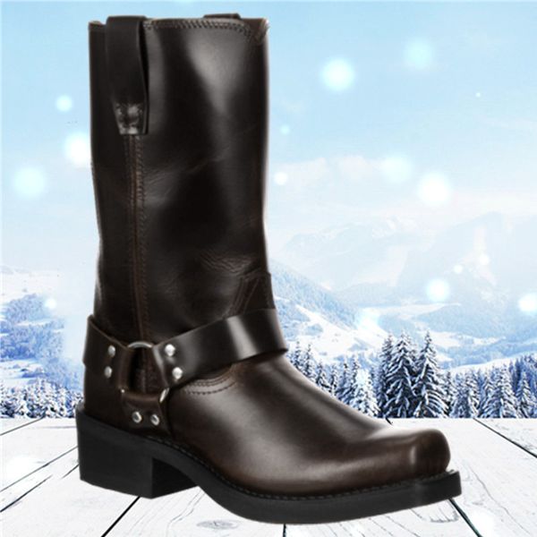 

safety shoes vintage men's cowboy boots belt buckle ring high motorcycle boots men shoes fashion square toe slip on mid-calf warm boots, Black;brown