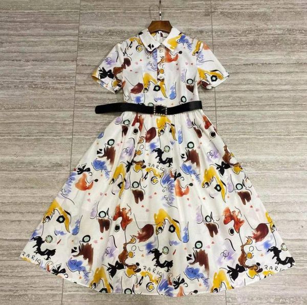 

2021 white lapel neck short sleeves women039s dress designer print 100 cotton milan runway dress high end celebrity dress 20219542509, Black