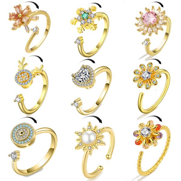 

wedding rings anti stress anxiety ring rotating flower moon star butterfly crystal zircon fidget spinner open for women gift 230710, Slivery;golden