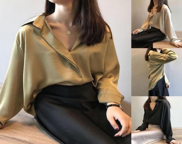 

women039s blouses shirts autumn fashion button up satin silk shirt casual women solid color long sleeve v neck pullover chiff2060105, White