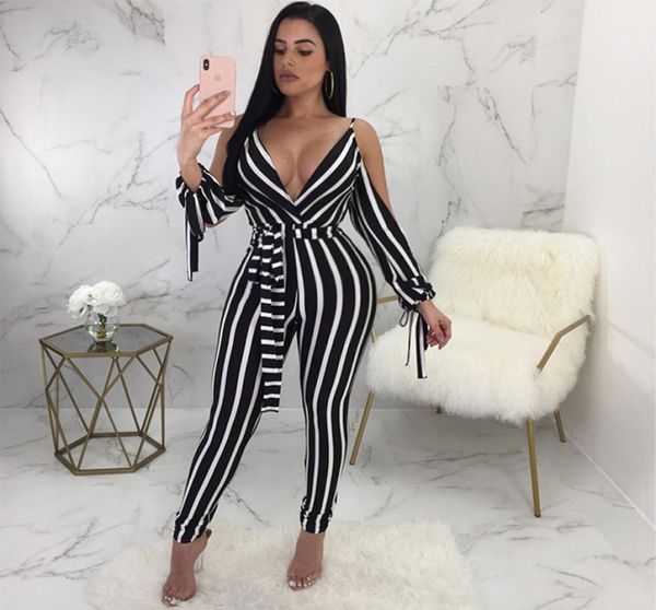 

elegant striped spaghetti strap rompers womens deep v neck jumpsuit long sleeve backless bow casual slim jumpsuits overalls1073652, Black;white
