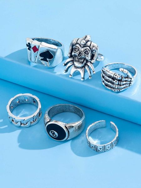 

6pcs/set fashion punk style exaggerated skull joker number ring set for men, Silver