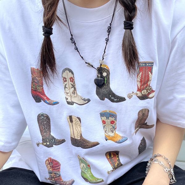

women's t-shirt boot western t-shirt women t shirt summer loose vintage boho texas t shirt cowgirl cowboy cute graphic tees hippie tshi, White