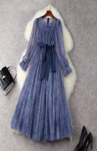 

european and american women039s clothing spring 2021 new long sleeve laceup blue gauze printing fashion pleated dress3922817, Black;gray