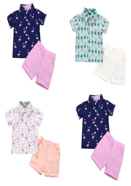 

boy kids summer clothing sets turn down collar flamingo print short sleeve shirt short clothes set7382726, White