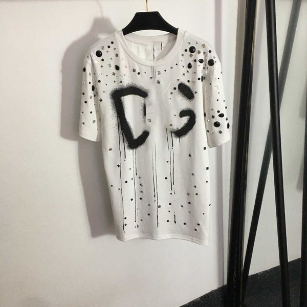 

23ss tee womens t-shirt womens designer clothing diamond letter printing heavy industry diamond medium long short sleeve t-shirt women cloth, White