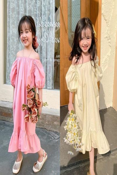 

kids clothes girls ruffle puff sleeve dress sweet children solid color off shoulder princess dresses fashion summer korean version8025424, Red;yellow
