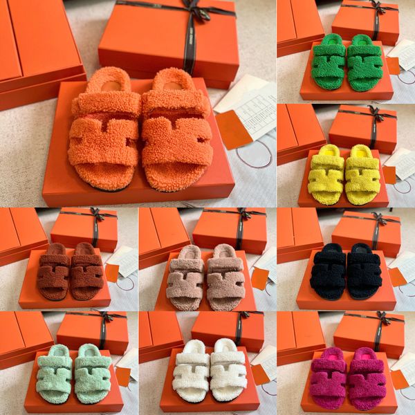 

sheep wool chypre slippers designer h fur slipper women fluffy furry luxury sandals warm winter flats slides shearling sandale classic beach, Black