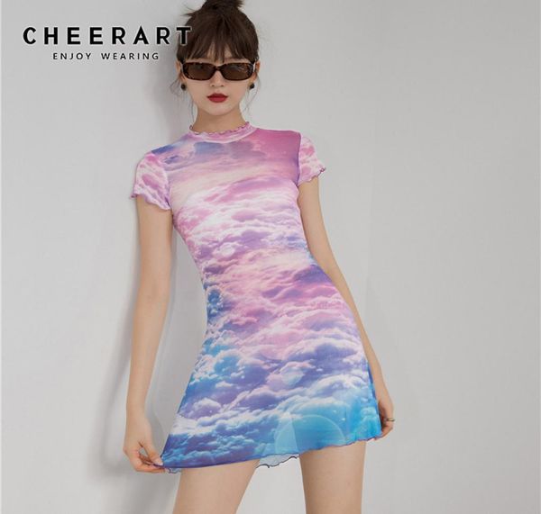 

designer mesh summer bodycon dress women pink cloud print stand collar short sleeve tight mini high fashion 2104275280866, Black;gray