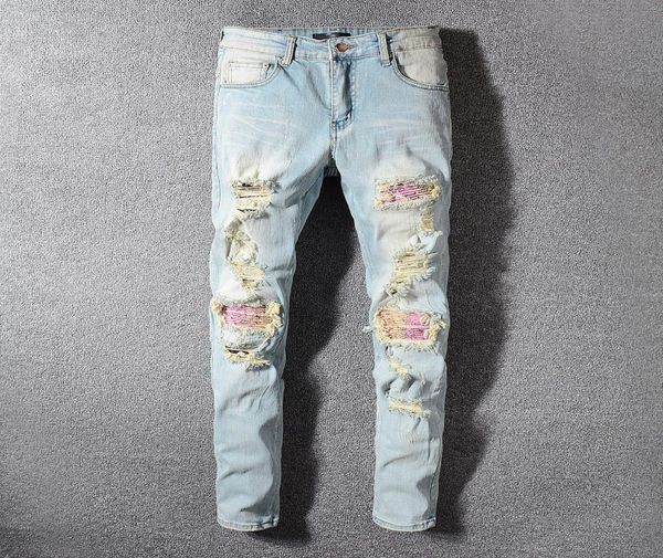 

men039s jeans retro light blue ripped jeans pink patch stitching slim pencil pants1761906