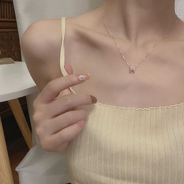 

ins fashion h-letter pendant necklace new small versatile short collar chain light luxury and simple neckchain, Silver