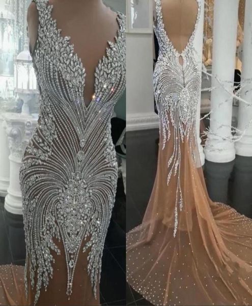 

luxurious crystal beaded mermaid prom gown sleeveless vneck champagne tulle lining formal evening dresses backless sweep tra9400676, Black;red