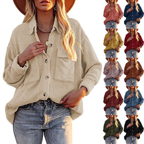 

2023 autumn winter new women's shirts europe america solid loose corduroy collar blouses double pocket long sleeve lapel neck shirt coa, White