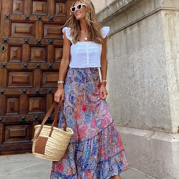 

skirts streetwear party women ruffle high waist long skirt summer bohemian floral print a-line skirt casual high waist beach maxi skir 23071, Black