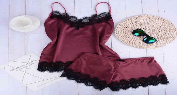 

2020 new women bow sleepwear sleeveless strap nightwear lace trim satin cami pajama sets femme lingerie pyjamas women t201377656, Black;red
