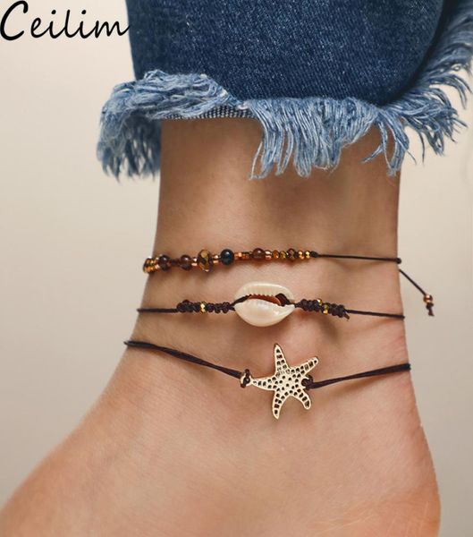 

starfish pendant anklet beads shell bracelet for women antique silver color barefoot sandal statement bracelet foot chain boho bea1467880, Black