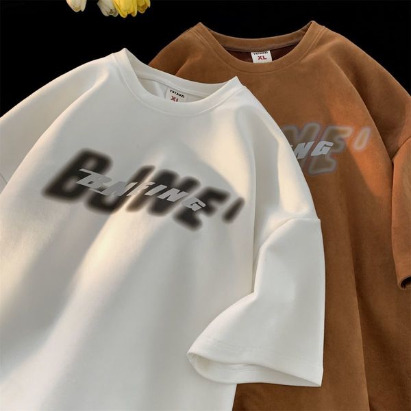 

mens tshirts suede heavy american letter tshirt men summer retro small neckline five quarter sleeve brand loose short sleeved y2k 230710, White;black