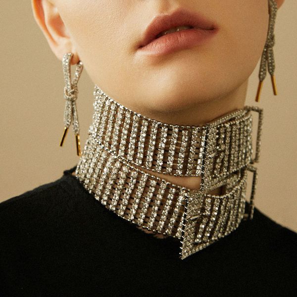 

strands strings fashion belt buckle short choker necklace thick collar crystal statement chunky chain for women jewelry gift 230710, Black