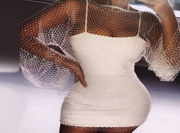 

fashion fantoye crystal diamond bodycon women hollow out mini summer fishnet mesh beach dress party vestidos q1905165291472, White;black